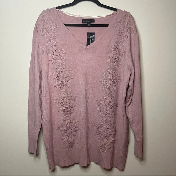 NWT LANE BRYANT Floral Lace Appliqué Pink Vneck Lightweight Knit Sweater - Picture 1 of 9